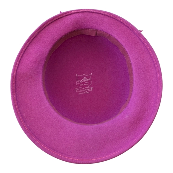 Vintage Bollman Doeskin 100%Wool Felt Hat Fascinator Pink Fuschia Feather Ribbon - Picture 8 of 9